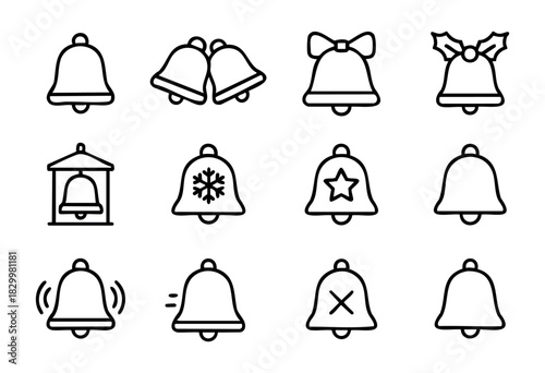 Christmas Bells line icons — jingle bells, church bells, and festive holiday notification symbols — stock vector.