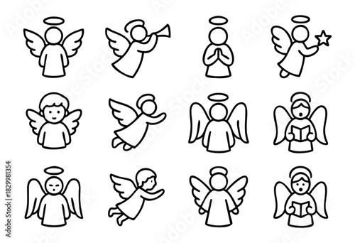 Christmas Angels line icons — cute cherubs and heavenly figures in various poses, singing and praying — stock vector.