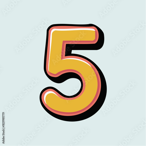 A vibrant, cartoonish number five with a yellow fill, orange outline, and black shadow, set against a light blue background.