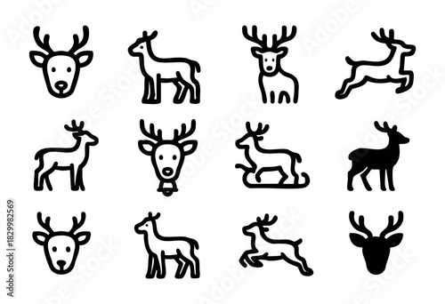 Reindeer line and silhouette icons — Christmas reindeer in various poses, including standing, jumping, and pulling a sleigh — stock vector.