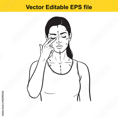 Line art illustration of a woman performing an eye massage or acupressure technique on the inner corner of her eye, isolated on white background