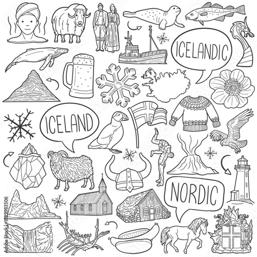 Iceland Doodle Icon Set Hand Drawn Country Symbols.