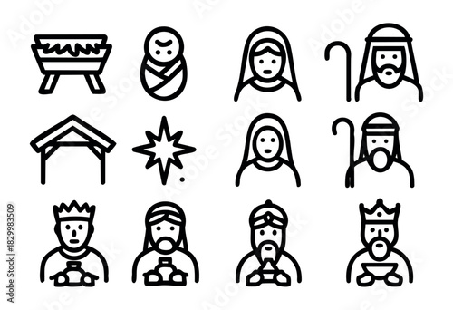 Nativity Scene Characters bold outline icons — the holy family, wise men, and other key figures from the Christmas story — stock vector.