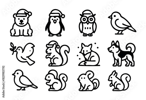 Christmas Animal icons — cute woodland and polar animals in Santa hats — stock vector.