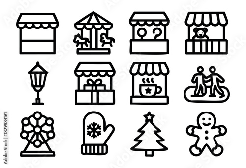 Christmas Market line icons — festive stalls, attractions, and winter fair entertainment — stock vector.