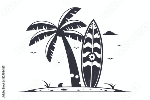 The monochrome beach shows a palm tree and surfboard standing together elegantly