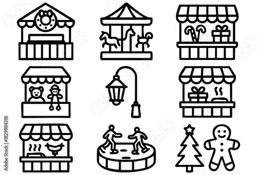 Christmas Market line icons — festive stalls, attractions, and winter fair entertainment — stock vector.