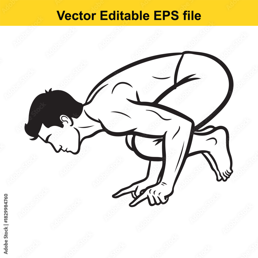 Naklejka premium Black and white line art vector illustration of a man performing the yoga pose bakasana or crane pose, isolated on white background