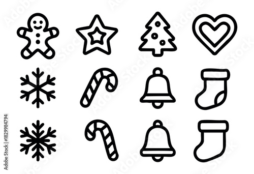 A collection of festive outline icons for Christmas and winter holidays, including gingerbread man, star, Christmas tree, heart, snowflake, candy cane, bell, and stocking, presented in a simple, minim