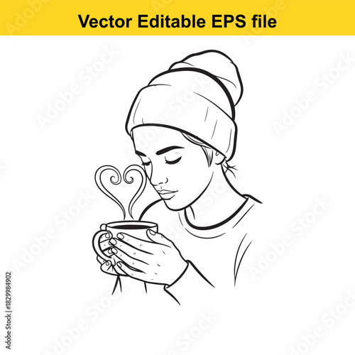Outline drawing of a young person wearing a winter beanie hat holding a warm steaming cup of coffee or tea with heart shaped vapor isolated on white background