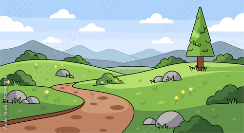 Cartoon landscape with winding path, green hills, bushes, rocks, pine tree, distant mountains, blue sky, clouds. ideal for nature, outdoor, adventure themes.