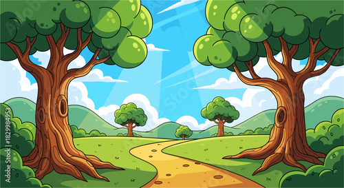 Cartoon landscape with a winding path, green valley, trees, hills, blue sky, clouds, sun rays. ideal for kids' books and nature themes.