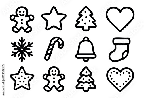 A collection of simple black outline Christmas and holiday icons including gingerbread men, stars, Christmas trees, hearts, a snowflake, candy cane, bell, and a stocking on a white background.