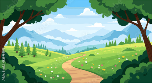 Winding pathway through lush green meadows framed by trees, leading towards distant majestic mountains under a clear blue sky with fluffy white clouds, an idyllic nature scene.