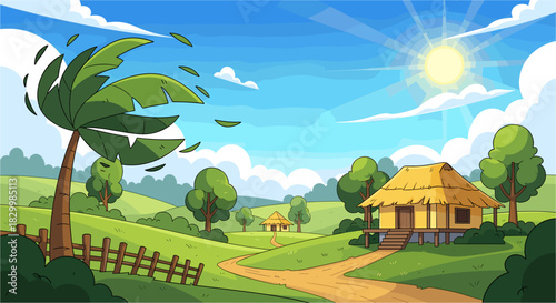 Cartoon landscape with traditional straw-roofed houses nestled in green rolling hills under a sunny blue sky, a winding path leading to a peaceful rural village scene