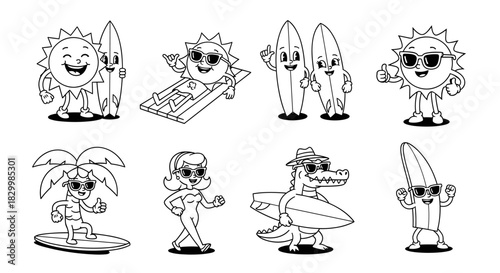 Retro cartoon summer and surf characters. black and white line art of a sun, surfboards, stylish woman, alligator, and surfing palm tree.