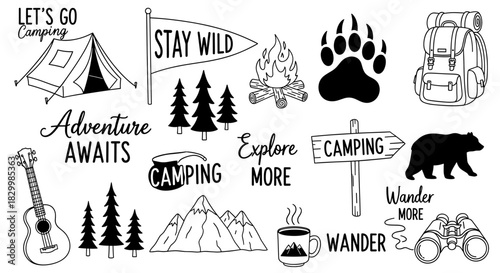 Rustic hand-drawn camping and outdoor adventure vector set. features tent, campfire, backpack, bear, trees, mountains, guitar, binoculars, and quotes.