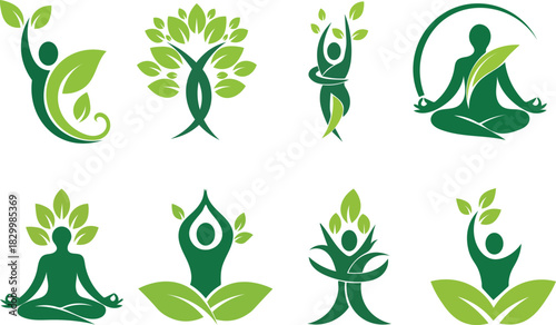 Collection of green yoga and wellness logos isolated on