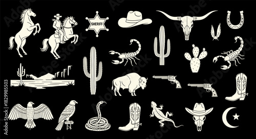 Wild west and desert elements vector collection featuring cowboy, horse, cactus, bison, scorpion, sheriff star, guns, and other iconic symbols