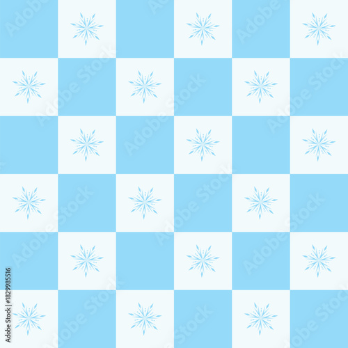 Light blue and white checkerboard seamless pattern with delicate snowflakes, soft cozy winter holiday repeating background for wrapping paper and textile