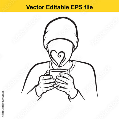 Line art illustration of a person wearing a beanie holding a hot beverage with steam forming a heart shape, isolated on white background
