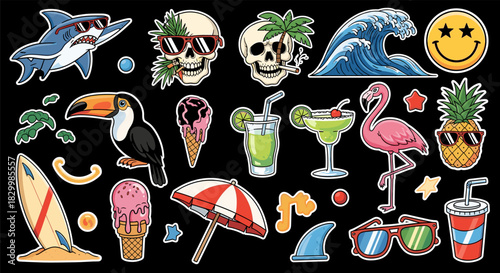 Vibrant summer tropical vacation sticker set for beach, featuring shark, flamingo, toucan, pineapple, skull, cocktail and cool elements.