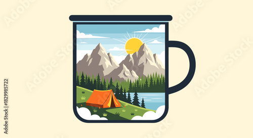 Camping landscape in a mug illustration with mountains, forest, lake, and tent under a sunny sky, symbolizing outdoor adventure and nature travel.