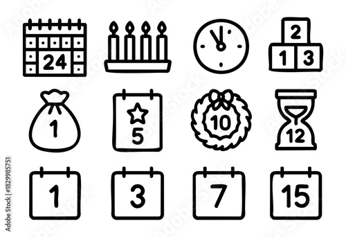 A collection of black and white line art icons depicting advent and countdown themes, featuring various calendar dates, an advent wreath with candles, a clock, an hourglass, and numbered blocks.