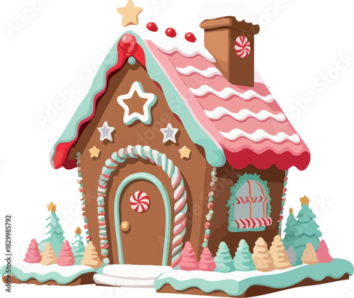 A whimsical gingerbread house decorated with pastel icing, candy canes, peppermint details, and colorful sugar trees, all covered in soft snowy frosting.