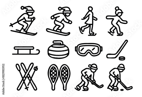 A collection of black outline icons featuring various winter sports and holiday elements, including a skier, snowboarder, ice skater, hockey sticks, sled, curling stone, ski goggles, snowshoes, Christ