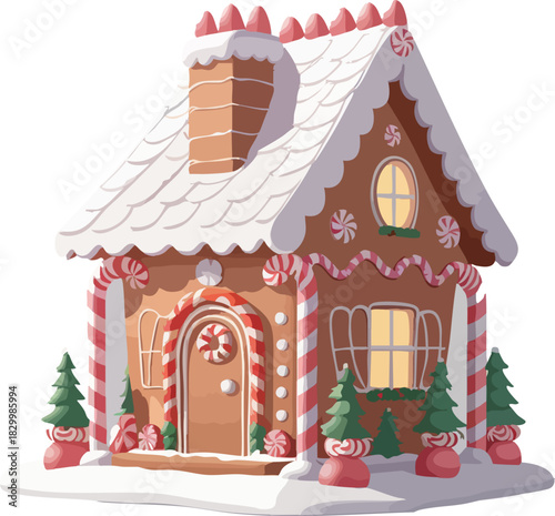 A cozy gingerbread house decorated with candy canes, peppermint swirls, snowy frosting, glowing windows, and tiny Christmas trees creating a festive winter scene.
