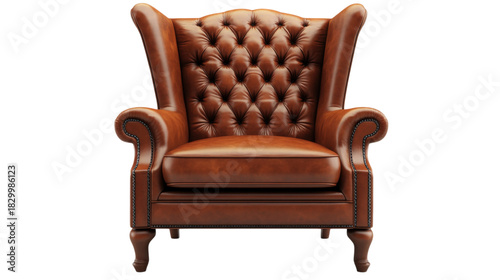 Brown Leather Wingback Armchair isolated on a transparent background