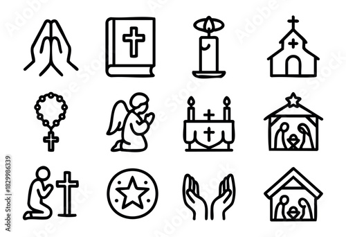 A comprehensive collection of Christian religious symbols and spiritual elements rendered in a modern black outline icon style, including praying hands, a Holy Bible, a church, a rosary, an angel, a n