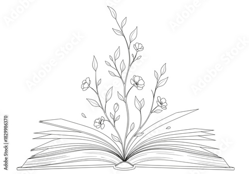 Open book with a blossoming plant, branches, leaves, and small flowers growing from its pages, a symbol of knowledge, learning, and organic growth, isolated illustration.