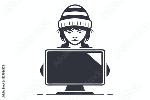 Young person wearing a cap and glasses is using the computer intently