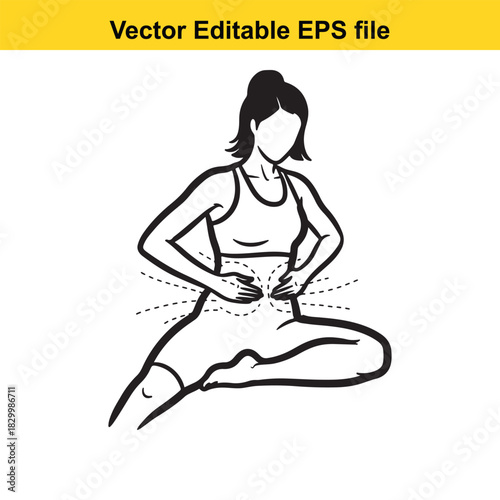 Line art vector illustration of a woman performing a core strengthening exercise, focusing on abdominal muscles, isolated on white background