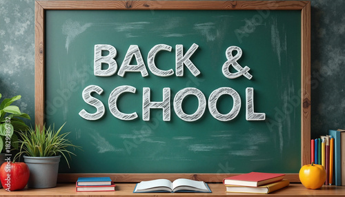 Back to school chalkboard with books and apple
