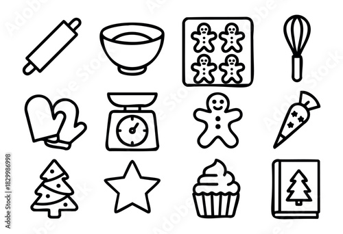 A set of minimalist line art icons depicting baking and holiday-themed items, including kitchen utensils like a rolling pin, whisk, and bowl, alongside festive treats such as gingerbread men, a Christ