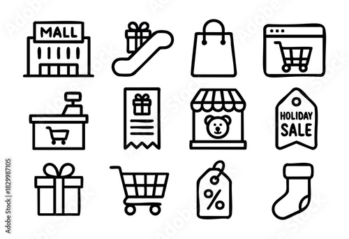 A collection of twelve outline icons depicting a shopping mall, escalator with gift, shopping bag, webpage, cash register, receipt, store front, sale tag, present, shopping cart, discount tag, and sto
