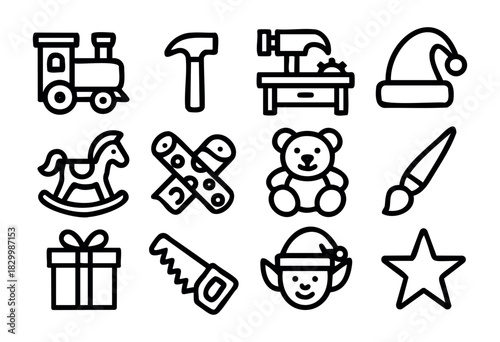 Santa's Workshop line icons — toy making, elf helpers, and Christmas gift preparation symbols — stock vector.