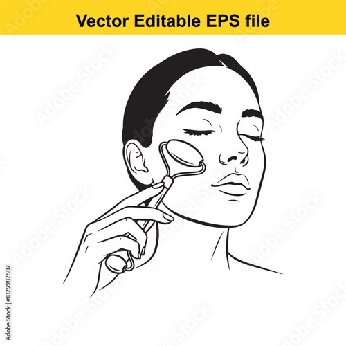 Line art drawing of a woman using a jade roller on her face for skincare and beauty treatment, isolated on white background