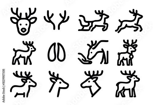 Deer & Reindeer line icons — various poses of wild deer, antlers, and Christmas reindeer symbols — stock vector.