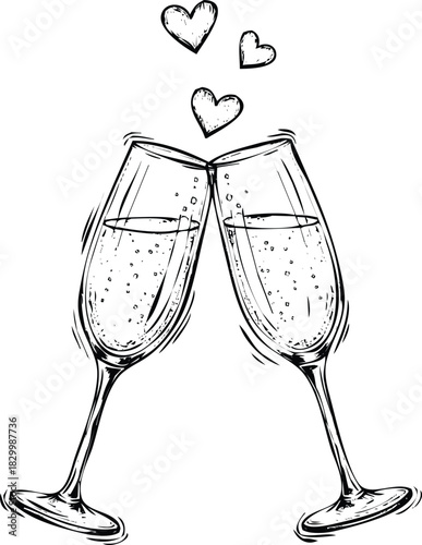 Celebration toast: two champagne flutes clinking with hearts