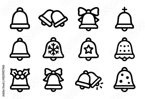 Christmas Bells line icons — various festive jingle bells and church bells with holiday decorations — stock vector.