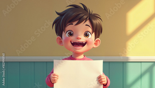 Happy child holding a blank sheet in a colorful room
