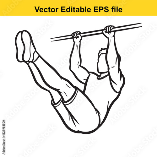 Line art vector illustration of a man performing a hanging leg raise exercise on a pull up bar, isolated on white background