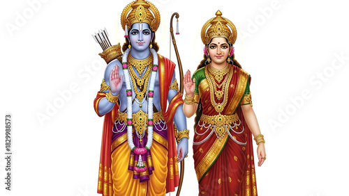 Divine Couple Of Lord Rama And Goddess Sita Standing Together Blessing The Viewers Beautiful Indian Mythology Hindu God Bhagwan Ramachandra And Devi Sita Art With White Background Digital
