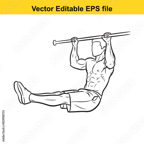 Vector line art illustration of a muscular man performing a hanging leg raise exercise on a horizontal bar, isolated on white background