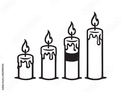 Melting candles rising in height with flowing wax and glowing flames