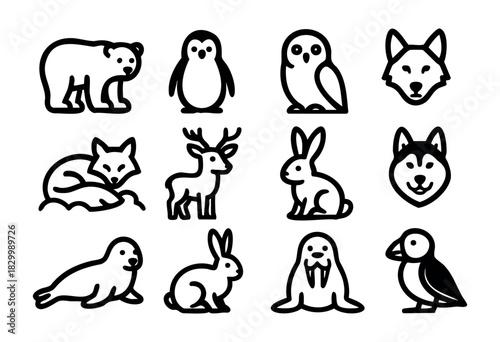 Winter Animals line icons — various woodland and arctic creatures found in the cold season — stock vector.